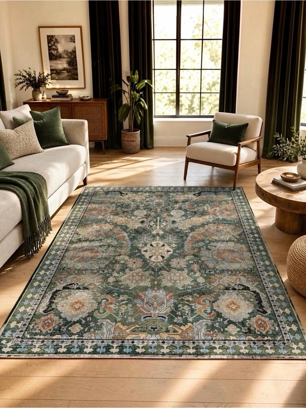 NEW Anthropologie Green Vintage Floral Boho Washable Area Rug Carpet - 5' x 7'